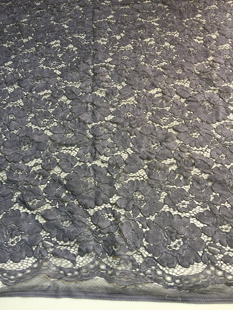 Summer GREY Floral Pattern Double Dyed Flat Lace on Mesh Fabric by the Yard - Style 10069