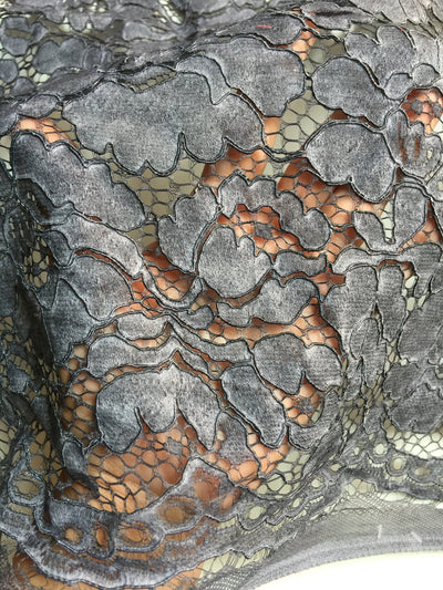 Summer GREY Floral Pattern Double Dyed Flat Lace on Mesh Fabric by the Yard - Style 10069