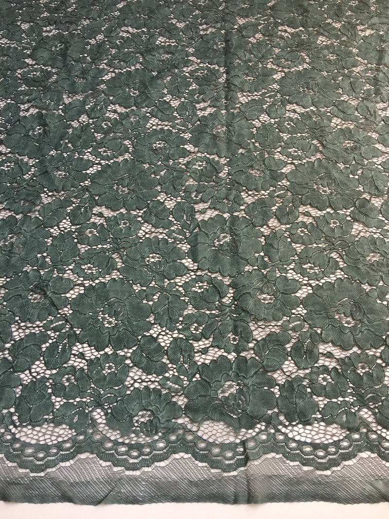 Summer HUNTER GREEN Floral Pattern Double Dyed Flat Lace on Mesh Fabric by the Yard - Style 10069