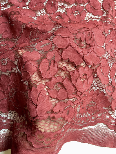 Summer BURGUNDY Floral Pattern Double Dyed Flat Lace on Mesh Fabric by the Yard - Style 10069
