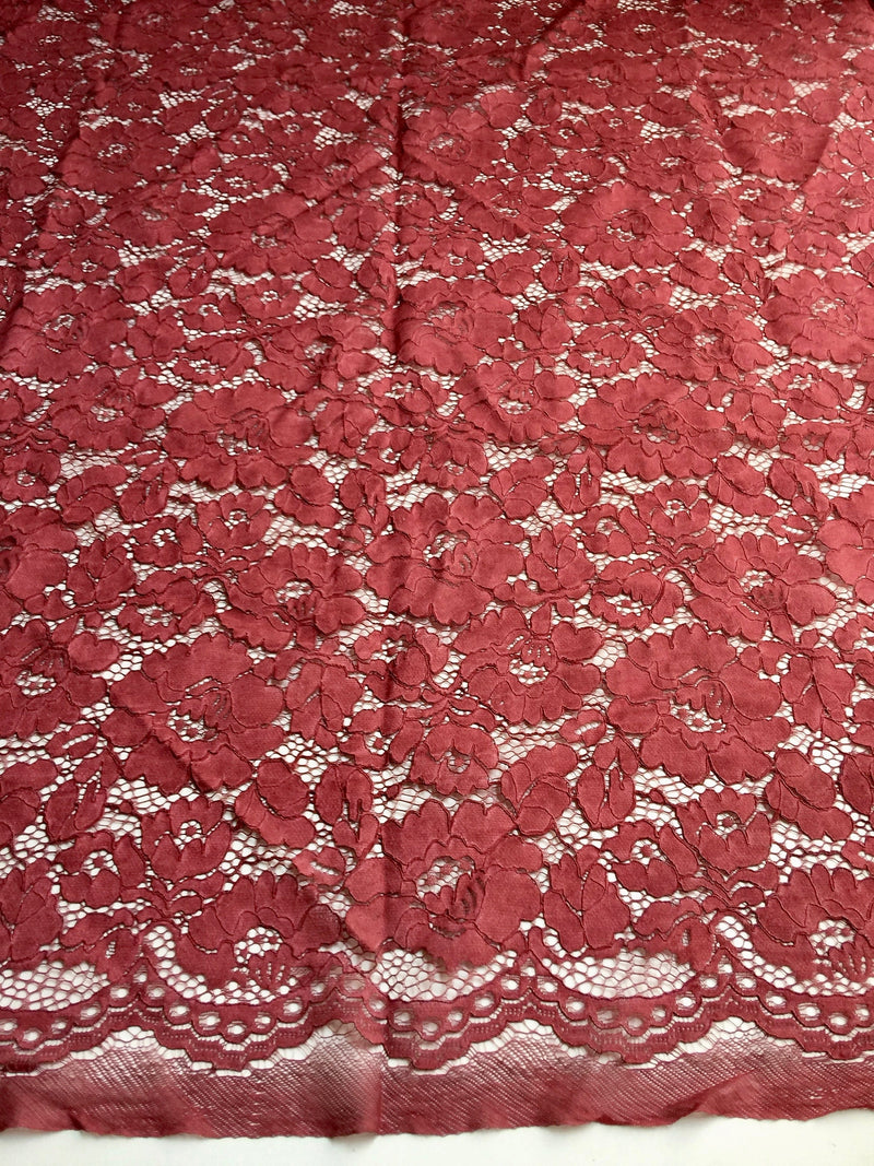 Summer BURGUNDY Floral Pattern Double Dyed Flat Lace on Mesh Fabric by the Yard - Style 10069