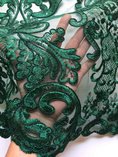Vivian HUNTER GREEN Polyester Embroidery with Sequins on Mesh Lace Fabric by the Yard for Gown, Wedding, Bridesmaid, Prom - 10003