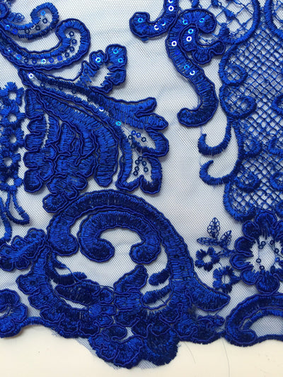 Vivian ROYAL BLUE Polyester Embroidery with Sequins on Mesh Lace Fabric by the Yard for Gown, Wedding, Bridesmaid, Prom - 10003