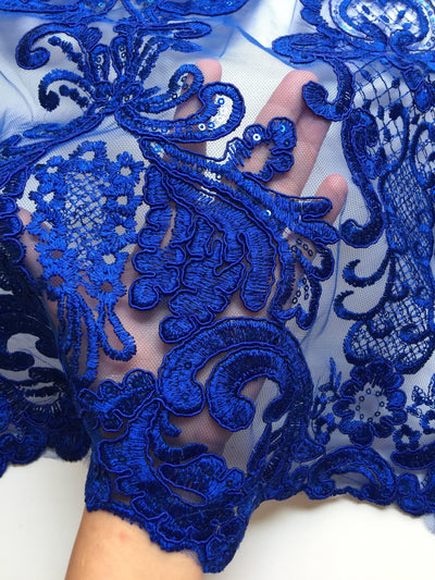 Vivian ROYAL BLUE Polyester Embroidery with Sequins on Mesh Lace Fabric by the Yard for Gown, Wedding, Bridesmaid, Prom - 10003