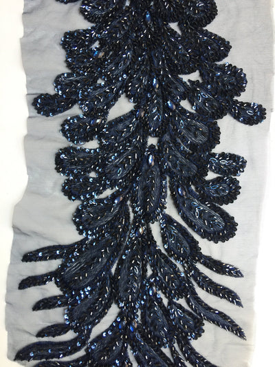 Gracie NAVY BLUE Vegas Peacock Beaded Sequins Embroidered on Mesh Lace Fabric by Panel - 10012