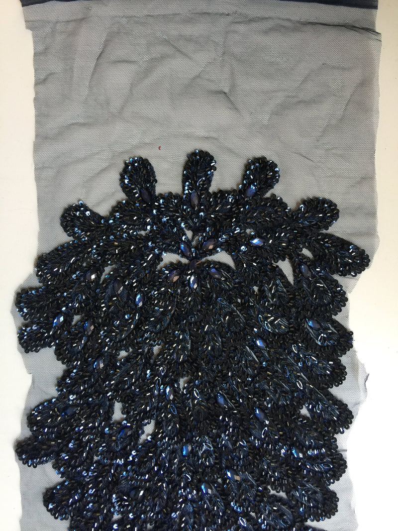 Gracie NAVY BLUE Vegas Peacock Beaded Sequins Embroidered on Mesh Lace Fabric by Panel - 10012