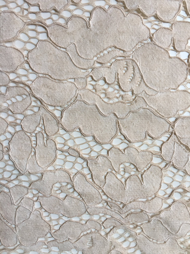 Summer BEIGE Floral Pattern Double Dyed Flat Lace on Mesh Fabric by the Yard - Style 10069