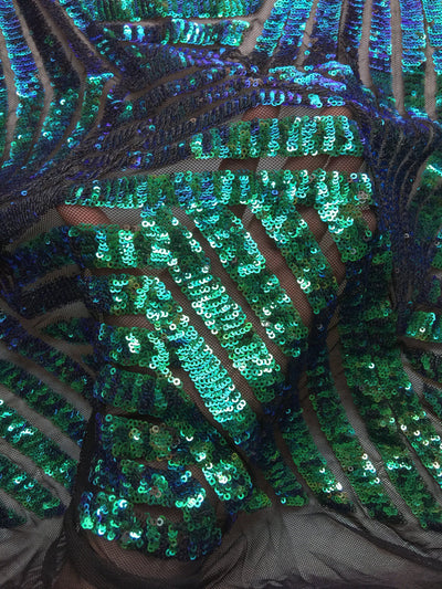 Thea IRIDESCENT GREEN BLUE Geometric Sequins Diamond & Stripes on Mesh Lace Fabric by the Yard - 10026