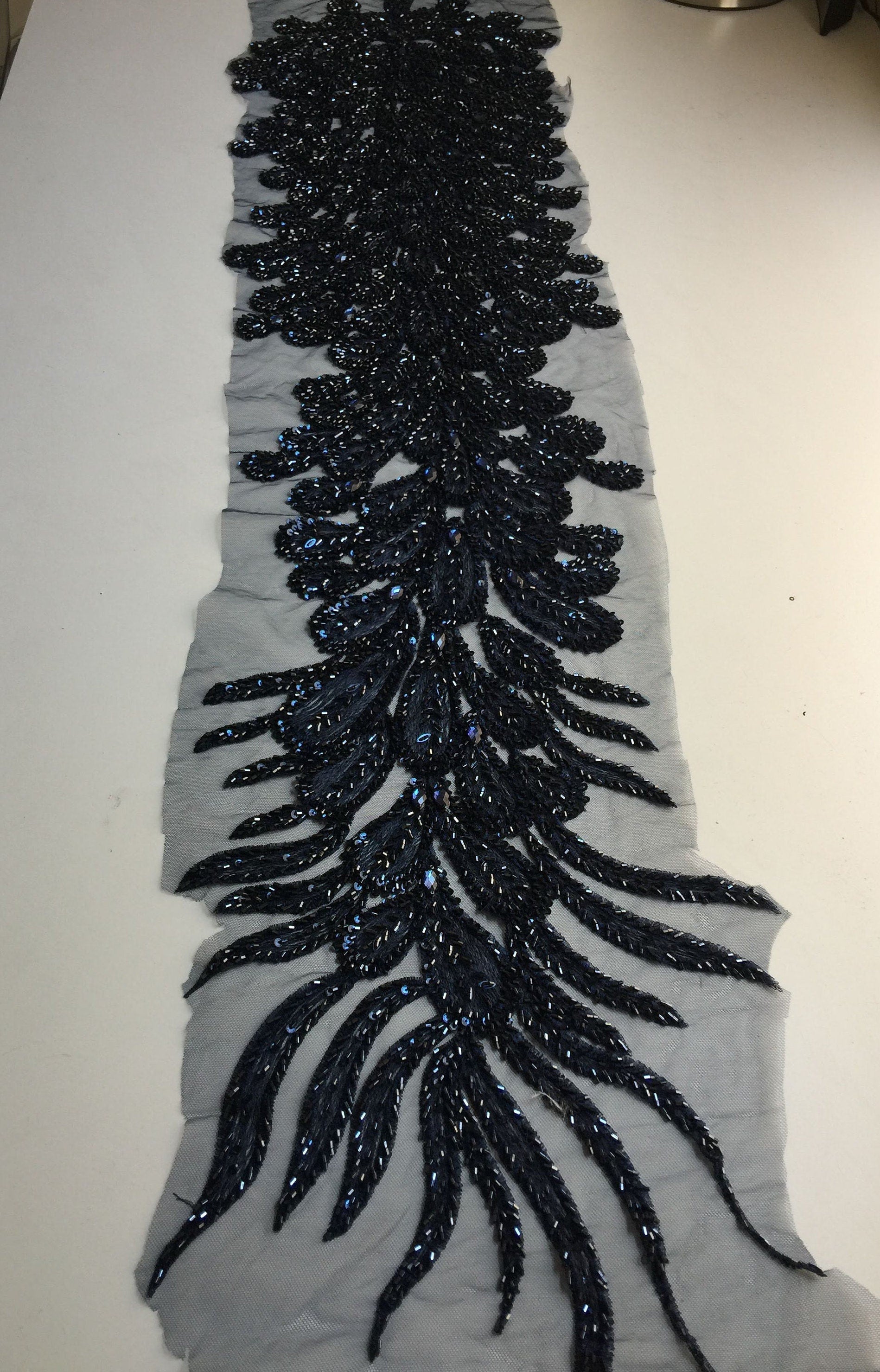 Gracie NAVY BLUE Vegas Peacock Beaded Sequins Embroidered on Mesh Lace Fabric by Panel - 10012