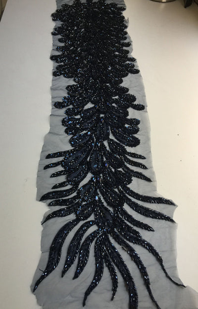 Gracie NAVY BLUE Vegas Peacock Beaded Sequins Embroidered on Mesh Lace Fabric by Panel - 10012