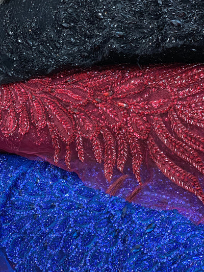 Gracie ROYAL BLUE Vegas Peacock Beaded Sequins Embroidered on Mesh Lace Fabric by Panel - 10012