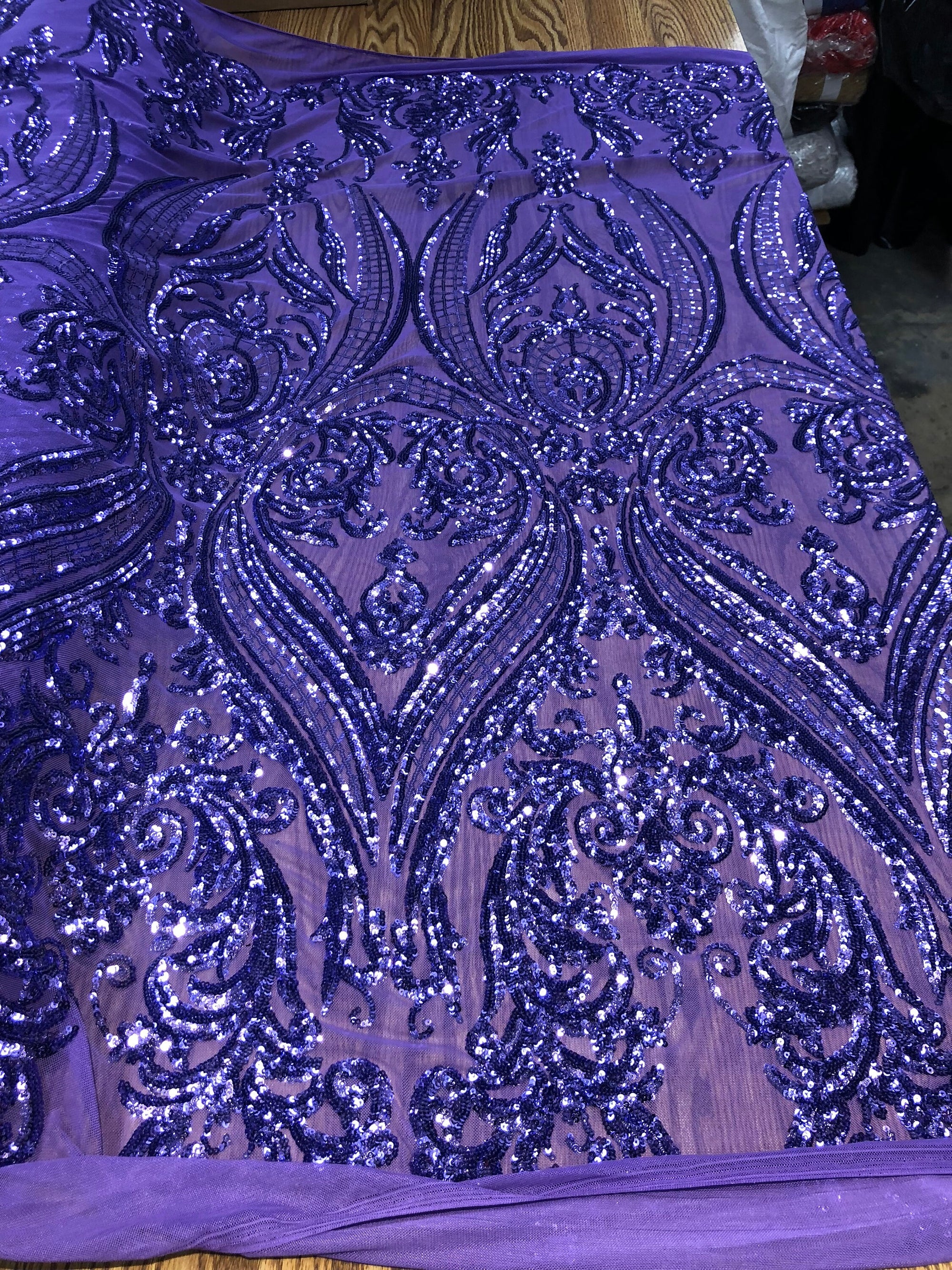 Alaina VIOLET Curlicue Sequins on Mesh Lace Fabric by the Yard - 10018