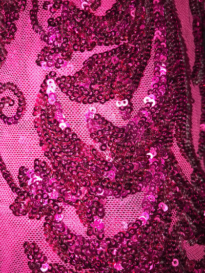 Alaina DARK PINK Curlicue Sequins on Dark Pink Mesh Lace Fabric by the Yard - 10018