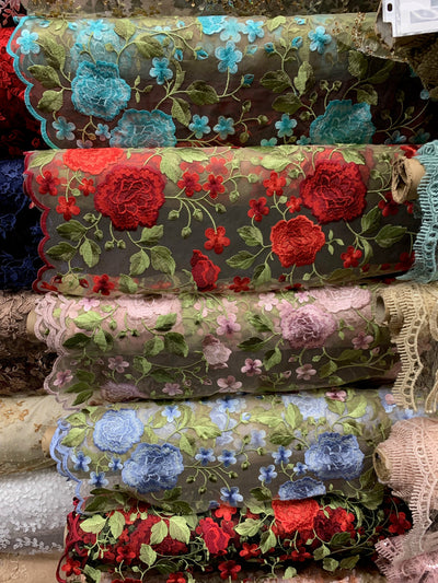 Iris RED Floral and Leaves Embroidery on NUDE Mesh Lace Fabric by the Yard - 10006