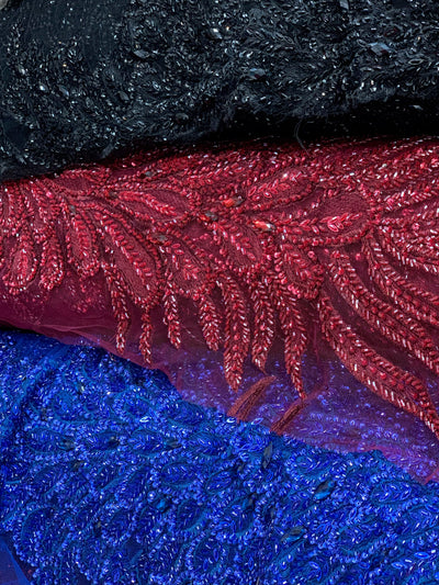 Gracie BURGUNDY Vegas Peacock Beaded Sequins Embroidered on Mesh Lace Fabric by Panel - 10012