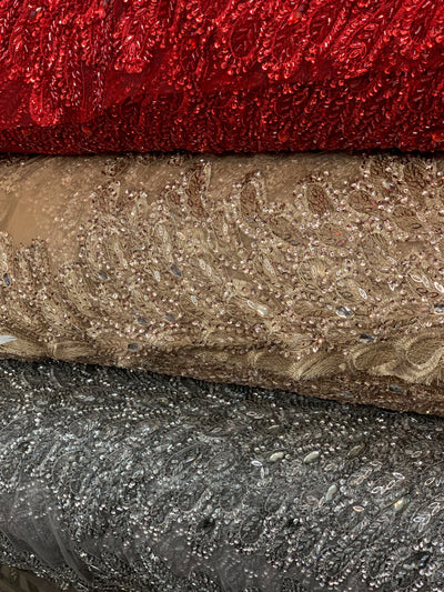 Gracie CHAMPAGNE Vegas Peacock Beaded Sequins Embroidered on Mesh Lace Fabric by Panel - 10012