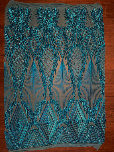 Francesca DARK TURQUOISE Vines and Diamonds Pattern Sequins on Mesh Lace Fabric by the Yard - 10130