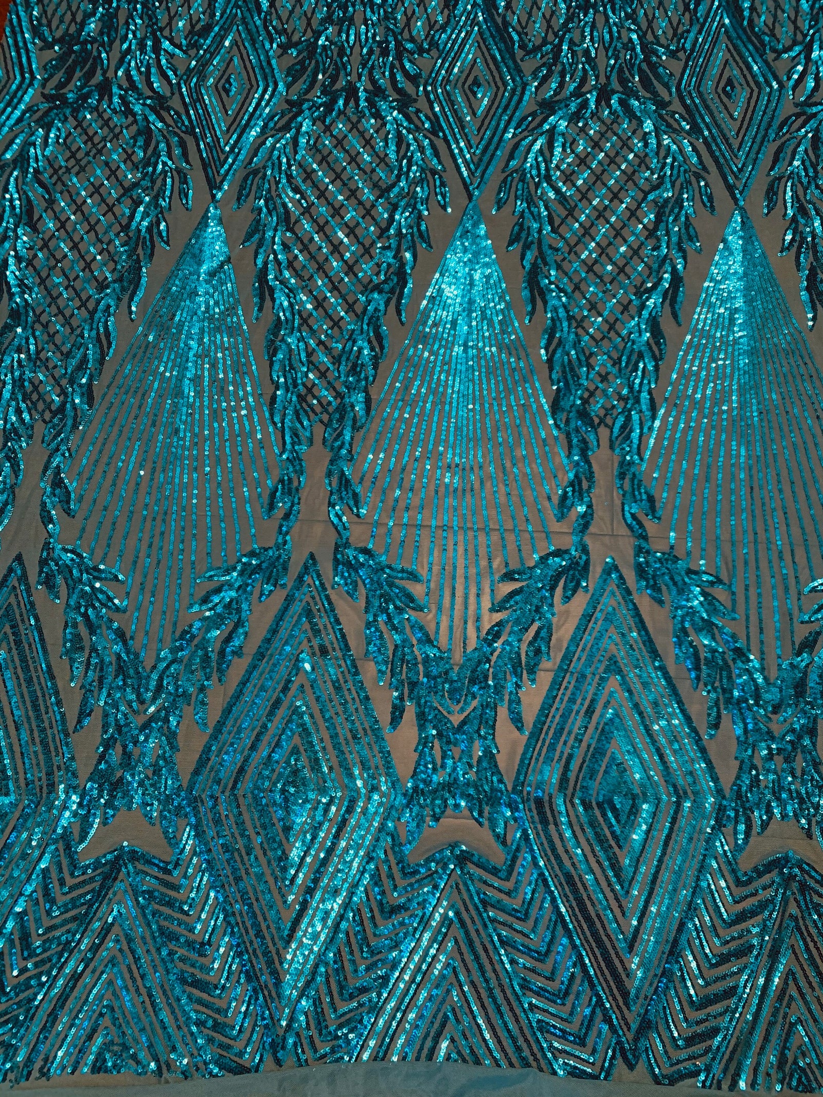 Francesca DARK TURQUOISE Vines and Diamonds Pattern Sequins on Mesh Lace Fabric by the Yard - 10130