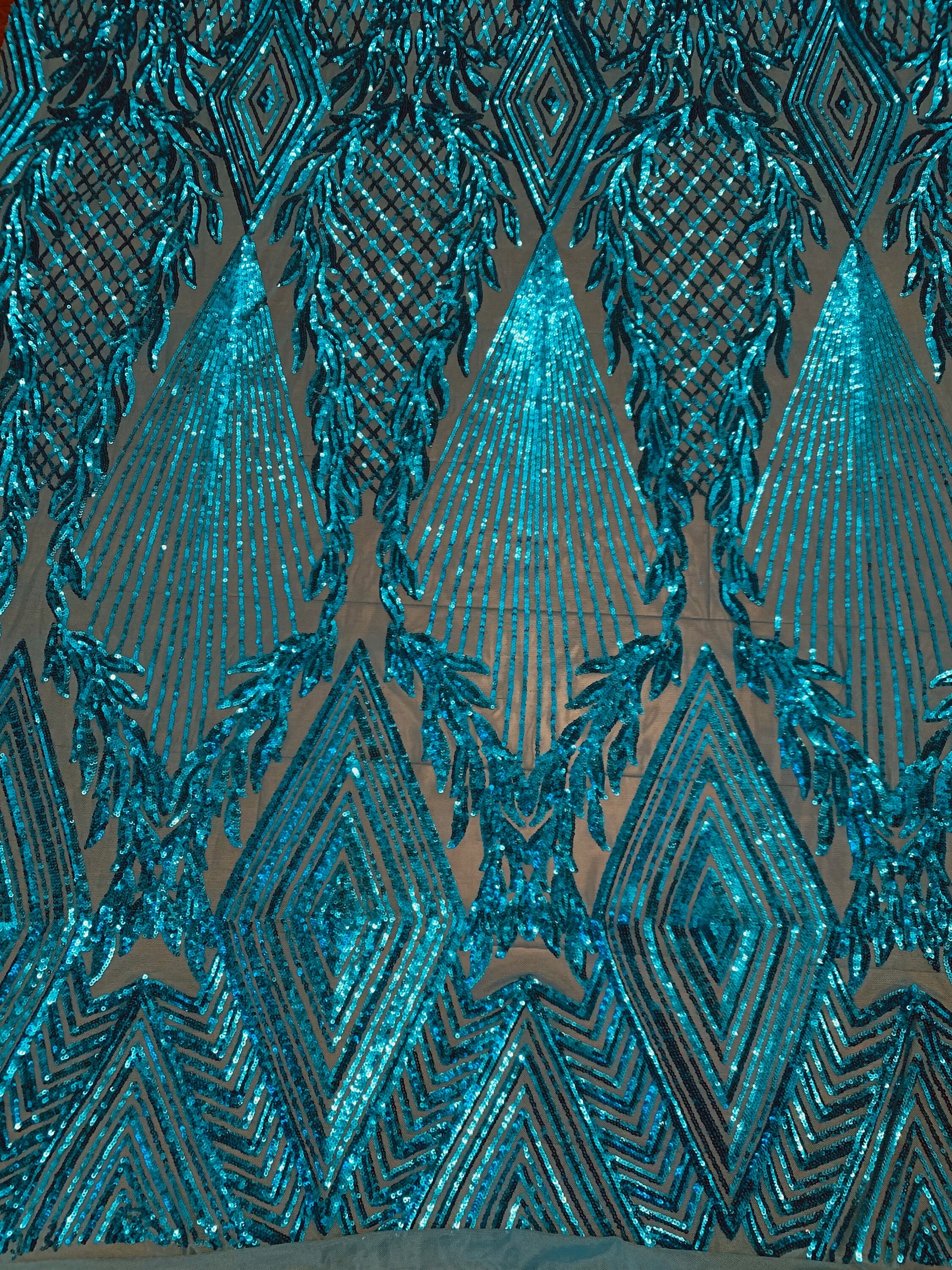 Francesca DARK TURQUOISE Vines and Diamonds Pattern Sequins on Mesh Lace Fabric by the Yard - 10130