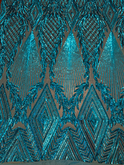 Francesca DARK TURQUOISE Vines and Diamonds Pattern Sequins on Mesh Lace Fabric by the Yard - 10130