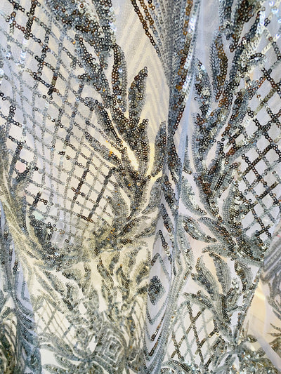 Francesca SILVER Vines and Diamonds Pattern Sequins on WHITE Mesh Lace Fabric by the Yard - 10130