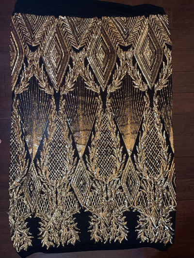 Francesca GOLD Vines and Diamonds Pattern Sequins on BLACK Mesh Lace Fabric by the Yard - 10130