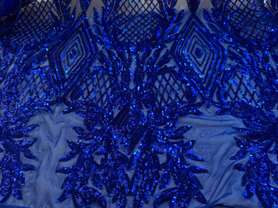 Francesca ROYAL BLUE Vines and Diamonds Pattern Sequins on Mesh Lace Fabric by the Yard - 10130