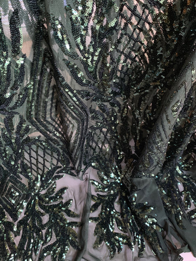Francesca HUNTER GREEN Vines and Diamonds Pattern Sequins on Mesh Lace Fabric by the Yard - 10130