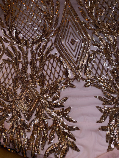 Francesca BRONZE Vines and Diamonds Pattern Sequins on DUSTY ROSE Mesh Lace Fabric by the Yard - 10130