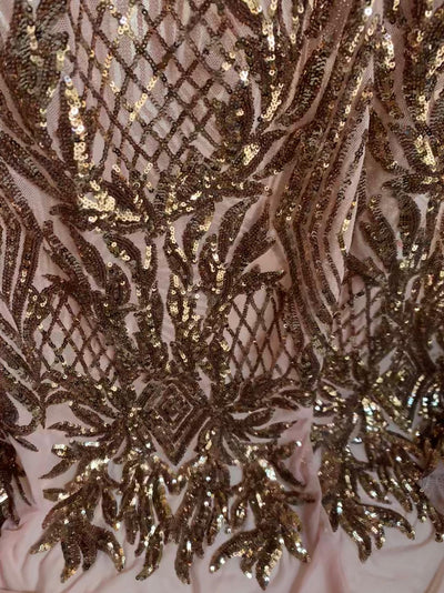 Francesca BRONZE Vines and Diamonds Pattern Sequins on DUSTY ROSE Mesh Lace Fabric by the Yard - 10130