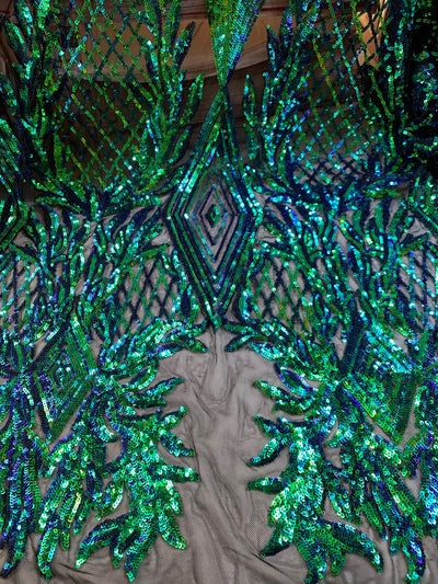 Francesca IRIDESCENT GREEN BLUE Mermaid Vines and Diamonds Pattern Sequins on Mesh Lace Fabric by the Yard - 10130