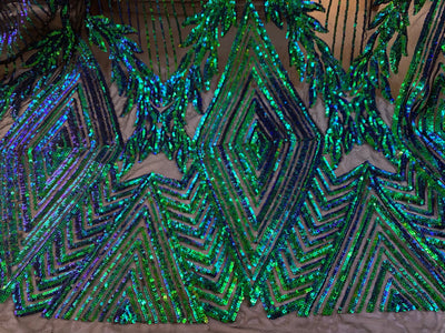 Francesca IRIDESCENT GREEN BLUE Mermaid Vines and Diamonds Pattern Sequins on Mesh Lace Fabric by the Yard - 10130