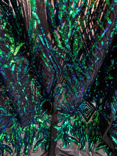 Francesca IRIDESCENT GREEN BLUE Mermaid Vines and Diamonds Pattern Sequins on Mesh Lace Fabric by the Yard - 10130