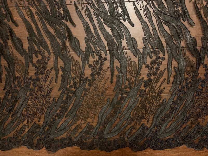 Katelyn BLACK Vines and Swirls Corded Embroidery on Mesh Fabric by the Yard - 10045