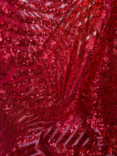 Thea RED Geometric Sequins Diamond & Stripes on Mesh Lace Fabric by the Yard - 10026