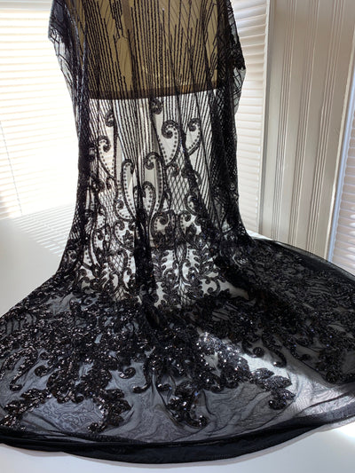 Angelica BLACK Curlicues and Leaves Sequins on Mesh Lace Fabric by the Yard - 10132