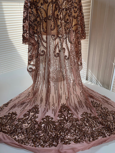 Angelica BRONZE Curlicues and Leaves Sequins on DUSTY ROSE Mesh Lace Fabric by the Yard - 10132