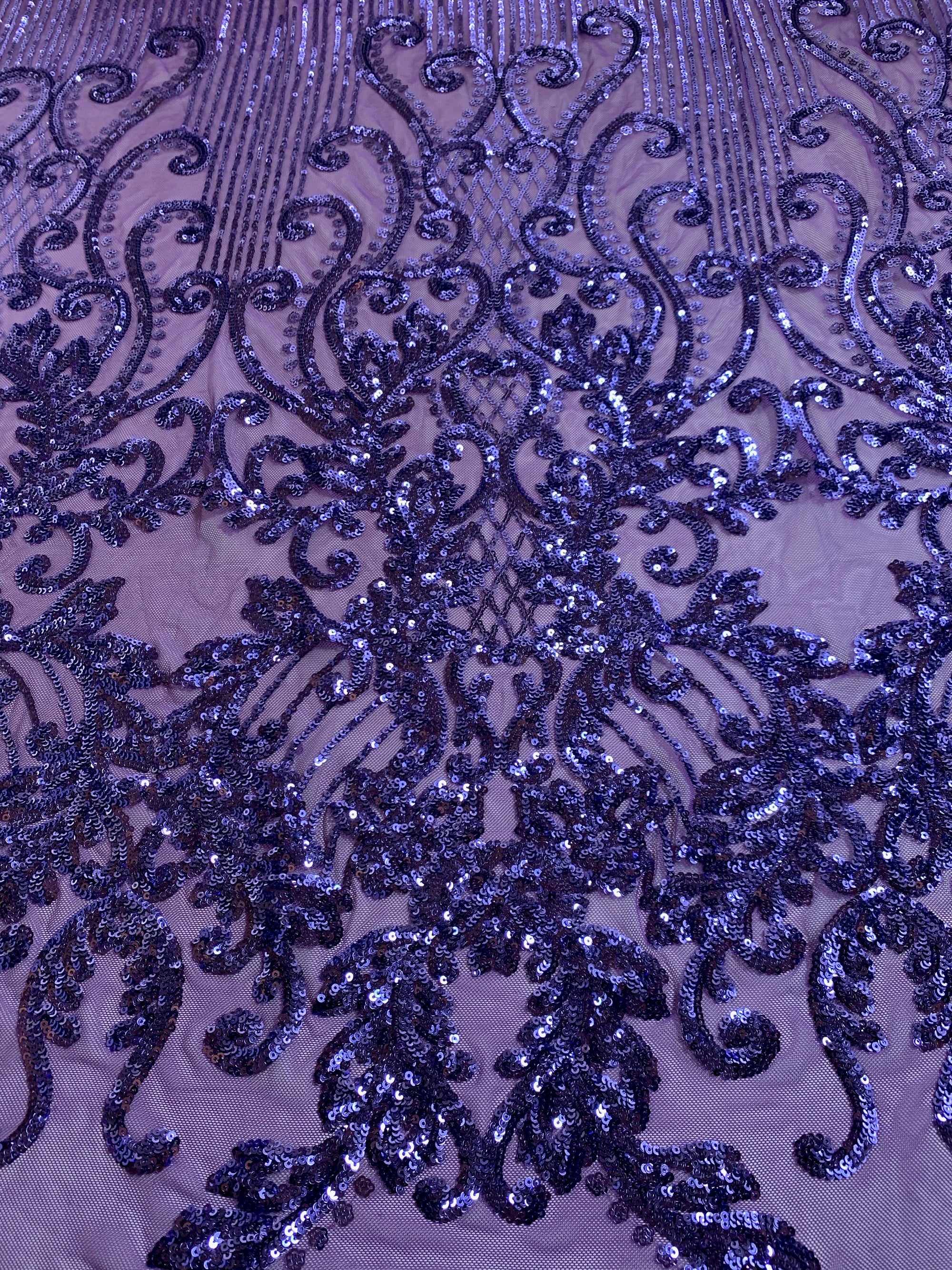 Angelica VIOLET Curlicues and Leaves Sequins on Mesh Lace Fabric by the Yard - 10132