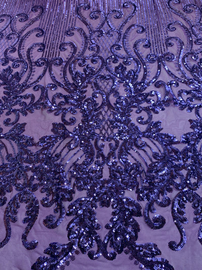 Angelica VIOLET Curlicues and Leaves Sequins on Mesh Lace Fabric by the Yard - 10132