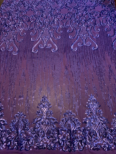 Angelica VIOLET Curlicues and Leaves Sequins on Mesh Lace Fabric by the Yard - 10132