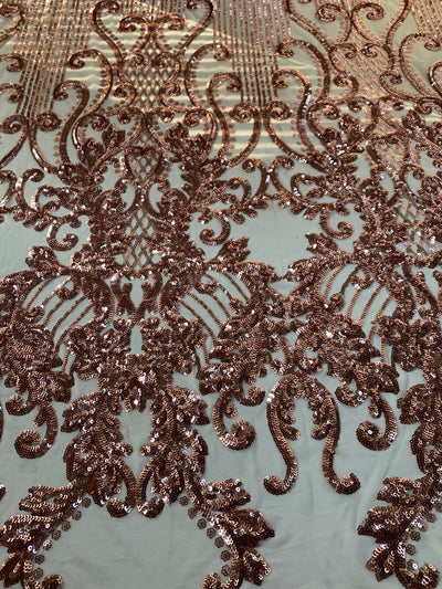 Angelica COPPER Curlicues and Leaves Sequins on Mesh Lace Fabric by the Yard - 10132
