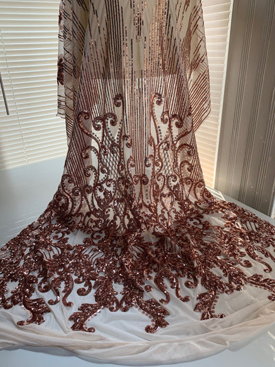 Angelica COPPER Curlicues and Leaves Sequins on Mesh Lace Fabric by the Yard - 10132