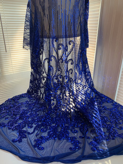 Angelica ROYAL BLUE Curlicues and Leaves Sequins on Mesh Lace Fabric by the Yard - 10132