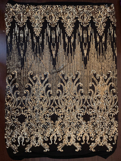 Angelica GOLD Curlicues and Leaves Sequins on BLACK Mesh Lace Fabric by the Yard - 10132