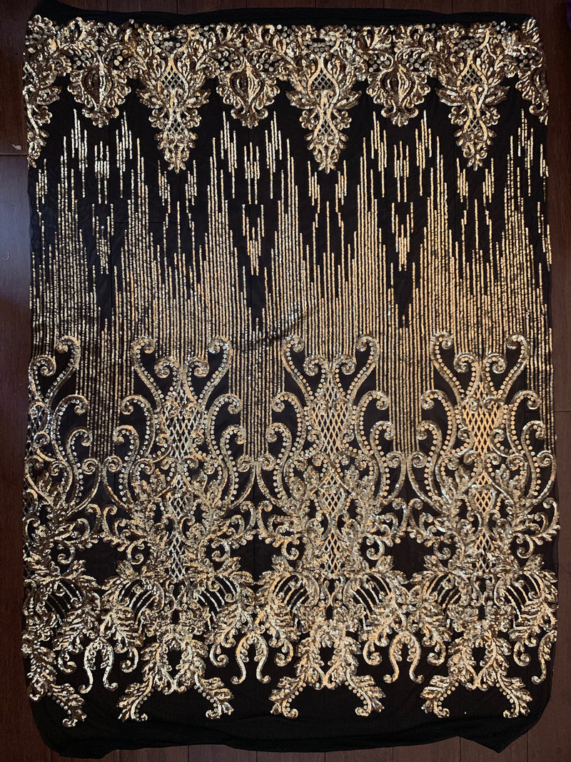 Angelica GOLD Curlicues and Leaves Sequins on BLACK Mesh Lace Fabric by the Yard - 10132