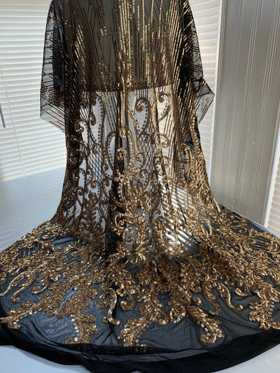 Angelica GOLD Curlicues and Leaves Sequins on BLACK Mesh Lace Fabric by the Yard - 10132