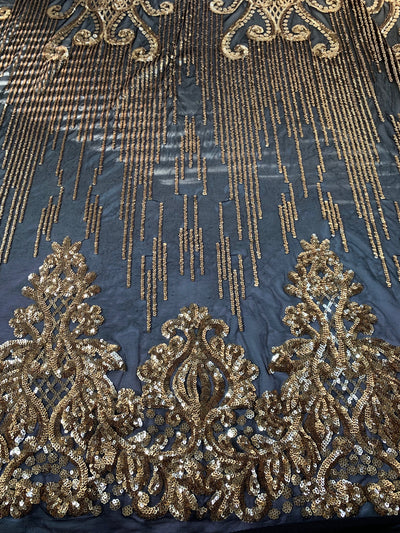 Angelica GOLD Curlicues and Leaves Sequins on BLACK Mesh Lace Fabric by the Yard - 10132