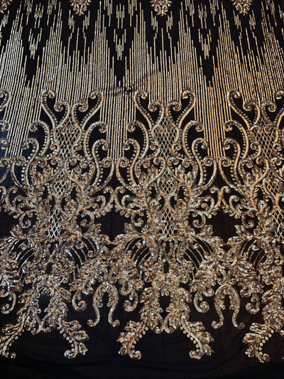 Angelica GOLD Curlicues and Leaves Sequins on BLACK Mesh Lace Fabric by the Yard - 10132