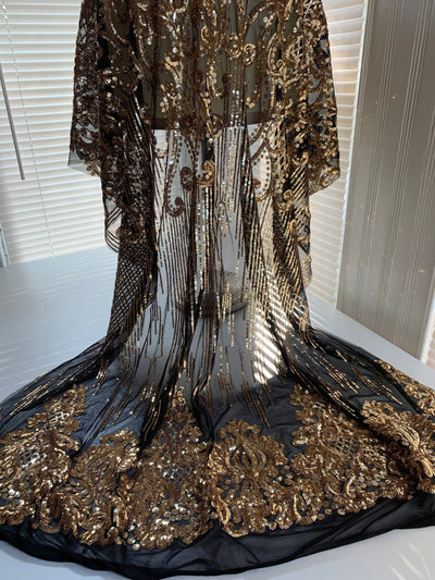 Angelica GOLD Curlicues and Leaves Sequins on BLACK Mesh Lace Fabric by the Yard - 10132