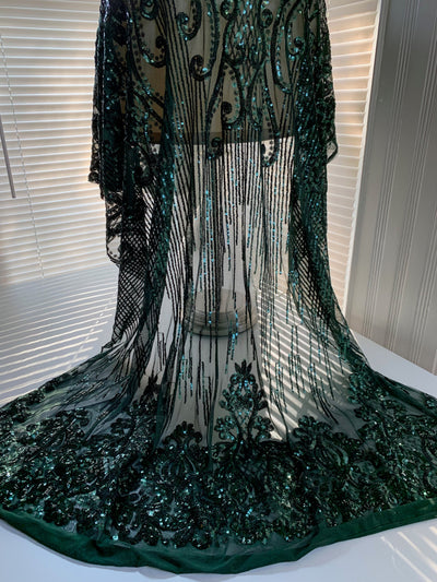 Angelica HUNTER GREEN Curlicues and Leaves Sequins on Mesh Lace Fabric by the Yard - 10132